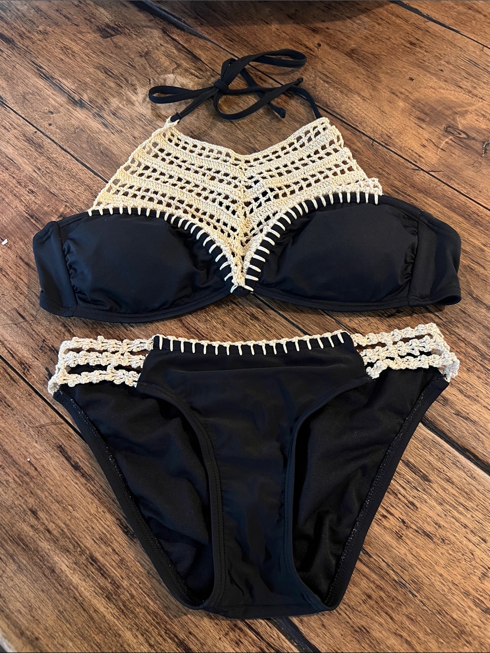 Bikini Lab Black with Tan Mesh Bikini.  Bottom- Sm; Top- Med